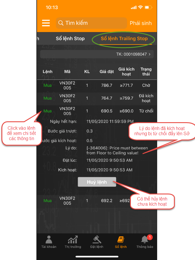 Màn hình Sổ của lệnh Trailing